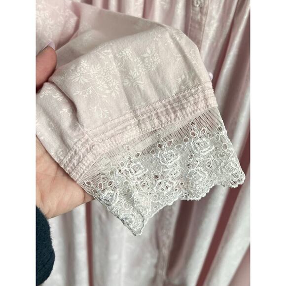 Eileen West Vintage Cotton Long Sleeve Lace Trim Button Front Nightgown Pink S - Picture 5 of 11